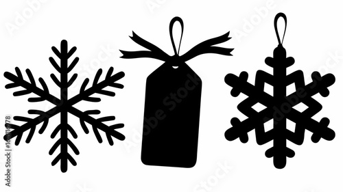 Three christmas ornaments in black silhouette including snowflakes and a gift tag with ribbon decoration | editable eps vectors
