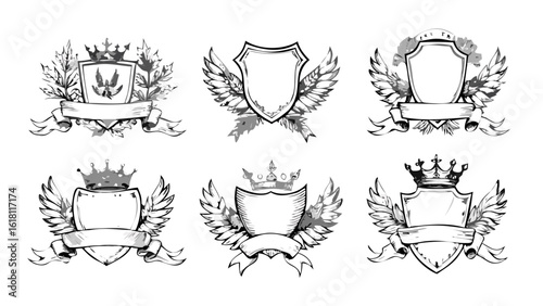 Vector heraldic shield emblem set with wings and crown for logo design template