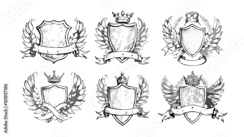 Vintage heraldic shields with crowns and banners vector design elements set