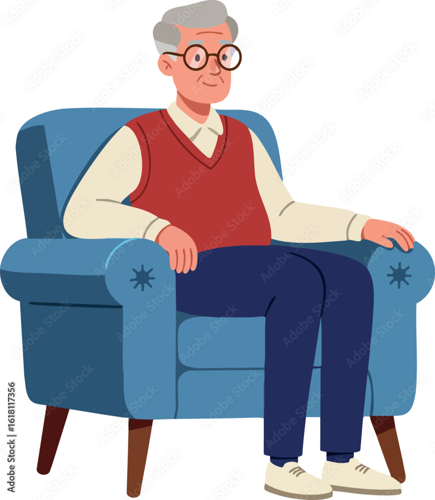 Elderly man sitting relaxed in blue armchair wearing red vest and glasses vector illustration Elderly man sitting relaxed in blue armchair wearing red vest and glasses vector illustration