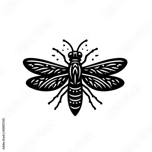 Stylized Black Silhouette of a Wasp with Intricate Wing Patterns.