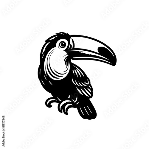 Stylized Black Silhouette of a Toucan Perched with Large Beak.