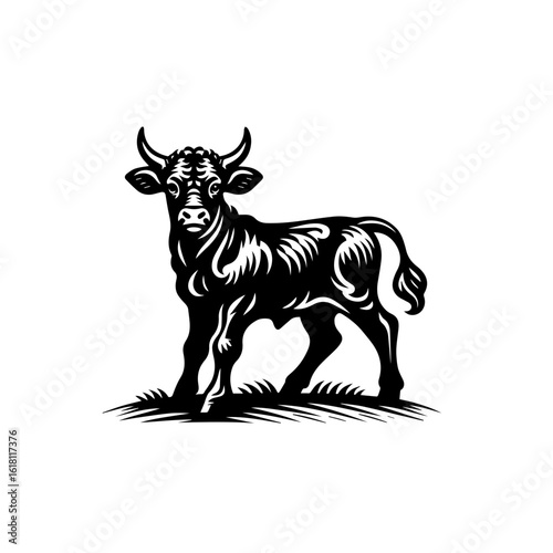 Stylized Black Silhouette of a Young Bull Standing on Grass.