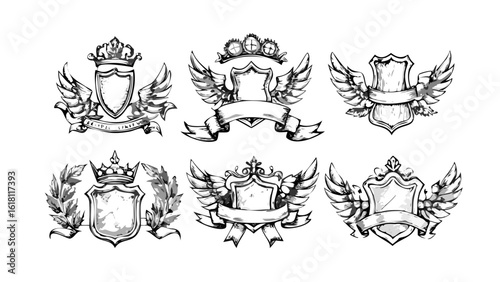 Vector vintage heraldic shield logo design elements collection with wings and crowns