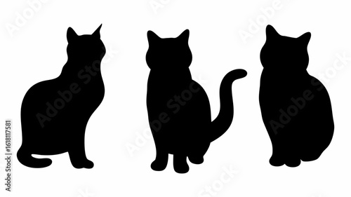 Silhouette illustration of three cats in various poses against a white background in a simple design | editable eps vectors