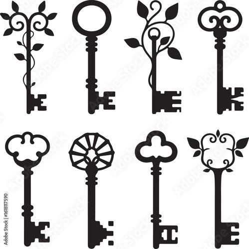 Ornate antique keys with floral and scrollwork designs