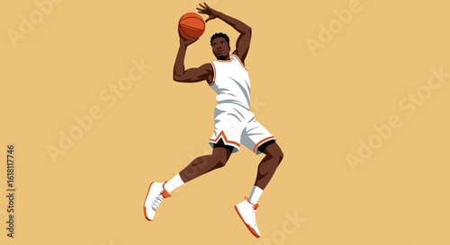 Basketball player jumping in clean vector illustration, flat minimalist style with dynamic action pose