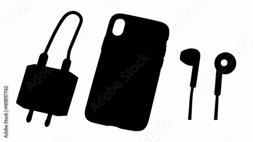 Silhouette of a phone with charger and wired earbuds on a white background in a simple vector style | editable eps vectors