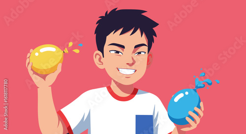 Boy with mischievous grin holding water balloon with playful energetic mood, clean flat vector illustration, minimalist style with bold color blocks, three-quarter close-up on solid background