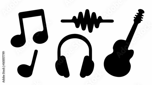 Illustration showcasing musical elements including notes sound waves headphones and a guitar silhouette art design | editable eps vectors
