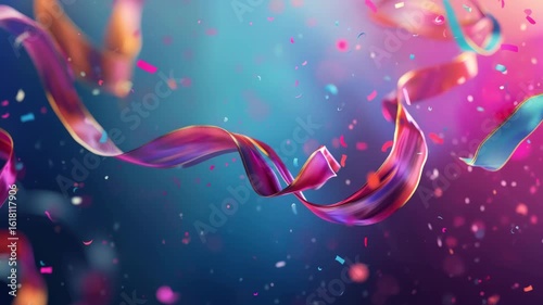A vibrant display of swirling ribbons and confetti against a colorful gradient background