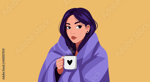 Girl wrapped in blanket holding a mug in clean vector illustration, flat minimalist style with cozy relaxing indoor theme