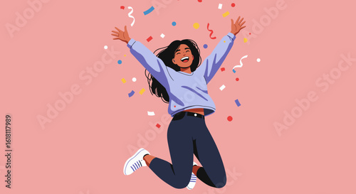 Joyful girl jumping with arms raised in clean vector illustration, flat minimalist style with celebratory confetti and energetic pose