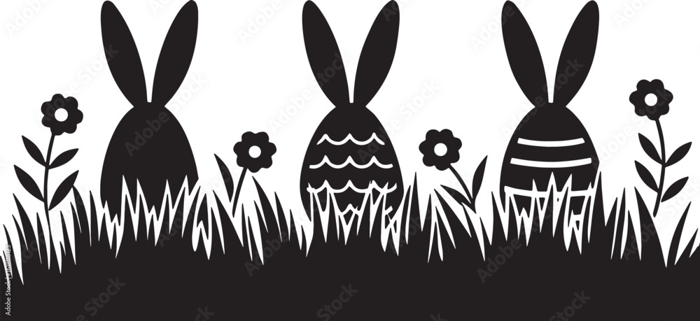 Fototapeta premium Black bunny silhouettes with flowers and grass rabbit