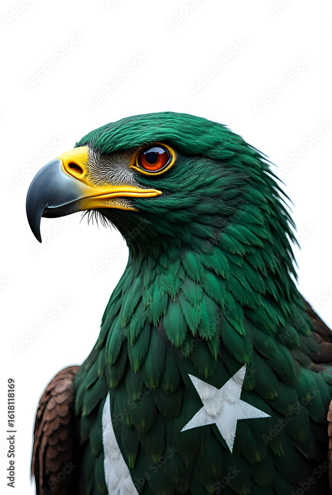 Fototapeta premium portrait of a bald eagle with isolated on white back ground with pakistan national flag