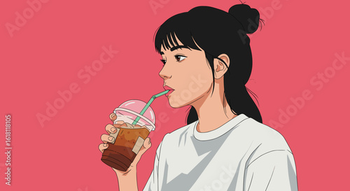 Girl enjoying iced coffee in clean vector illustration, flat minimalist style with calm and cozy modern cafe vibe