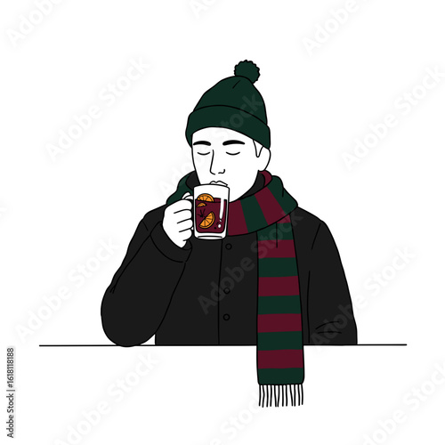 German man sipping mulled wine at Christmas market with cozy festive mood, minimalist black and white line drawing vector with deep burgundy and forest green accents on white background