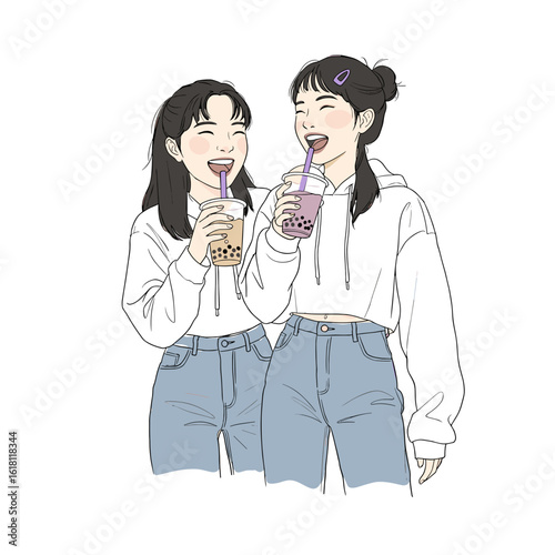 Chinese teen holding bubble tea and laughing with a friend, minimalist black and white vector illustration with soft beige and purple accents on a white background