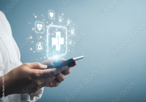 A person holds a smartphone displaying glowing medical icons with a bright cross at the center