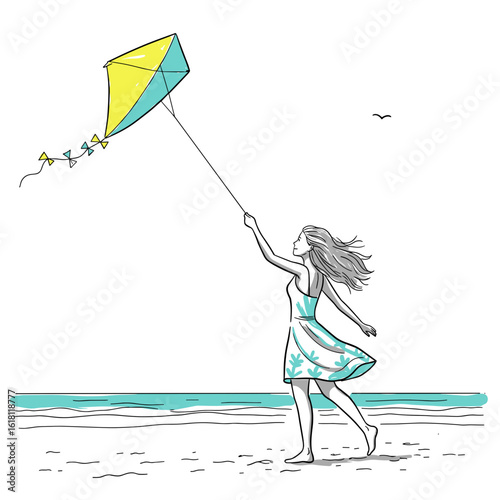 Portuguese girl flying kite on breezy beach with joyful summery mood, minimalist black and white line drawing vector with bright turquoise and lemon yellow accents on white background