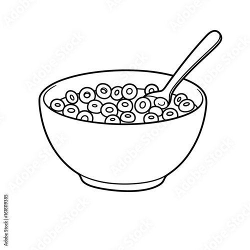 Black and white line drawing of a bowl filled with round cereal pieces and a spoon, illustrated in a clean and simple sketch style.
