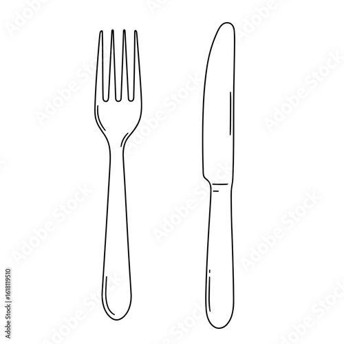 Black and white line drawing of a fork and knife, classic cutlery elements illustrated in a clean and minimalist sketch style.
