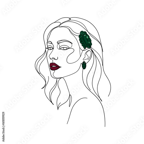 Woman in profile with flowing wavy hair and glamorous mood, monoline vector illustration, continuous line design with deep red lips and emerald green hairpin