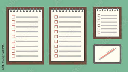 Handwritten checklists with lined and grid pages