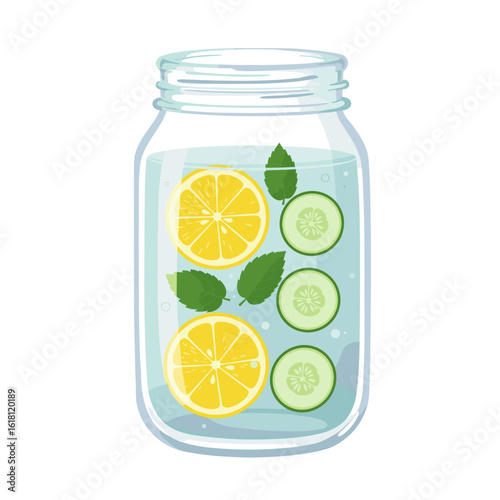 Glass jar filled with detox water with lemon, cucumber, and mint slices flat vector illustration, clean and refreshing on white background