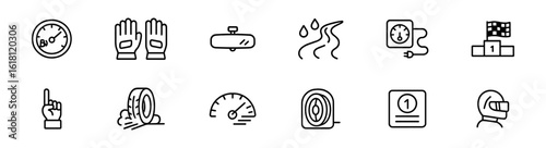 Racing, motorsport line icon set. automotive, competition symbols outline collection