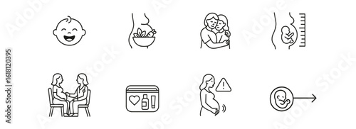 Pregnancy and baby care outline icon set. parenthood, motherhood, health symbols