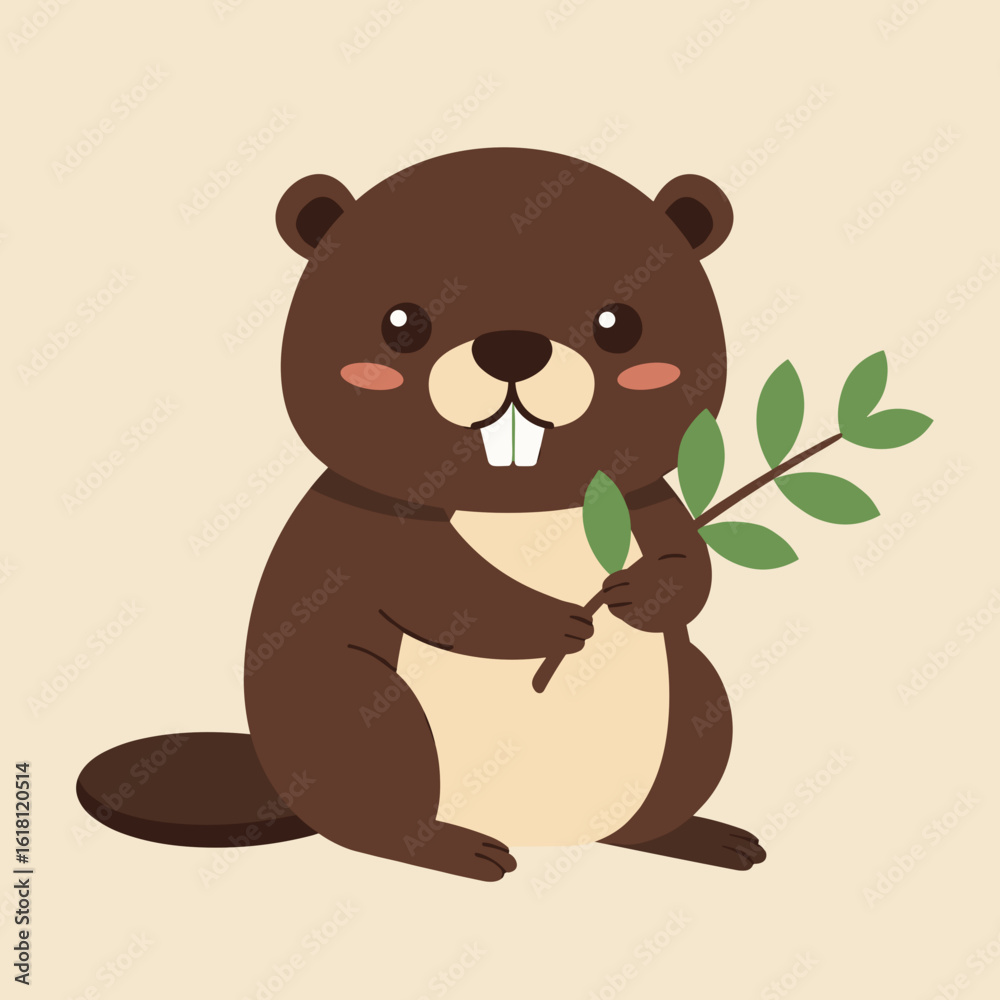 Fototapeta premium Baby beaver holding small branch with leaves flat vector illustration with rounded proportions and gentle expression on clean neutral background 