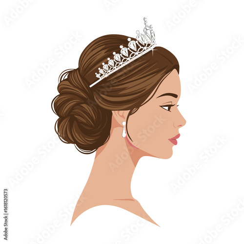 Bride with diamond tiara flat vector portrait with elegant hairstyle and glowing jewelry, head and shoulders view on white background 