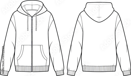 Hoodie front and back technical flat sketch, zip up hooded sweatshirt vector, fashion cad template for apparel design