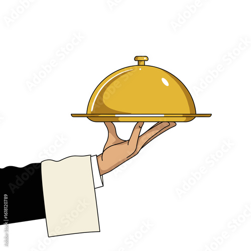 Waiter’s hand holding golden tray with closed dome flat vector illustration in minimal elegant style on white background 