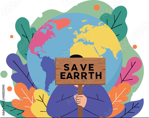 Earth illustration with person holding save earth sign and colorful leaves background vector 