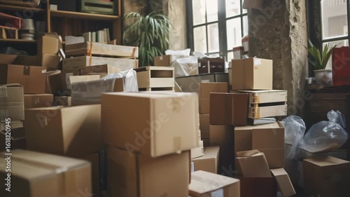 A cluttered room filled with stacked cardboard boxes near a window with natural light coming in