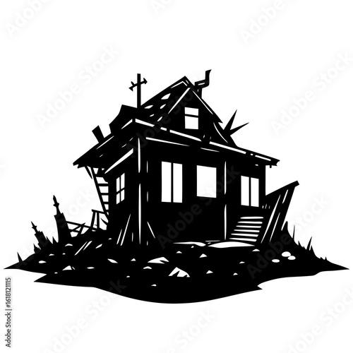 "Post-apocalyptic house built from scrap metal and salvaged materials, desert wasteland surroundings, gritty texture"