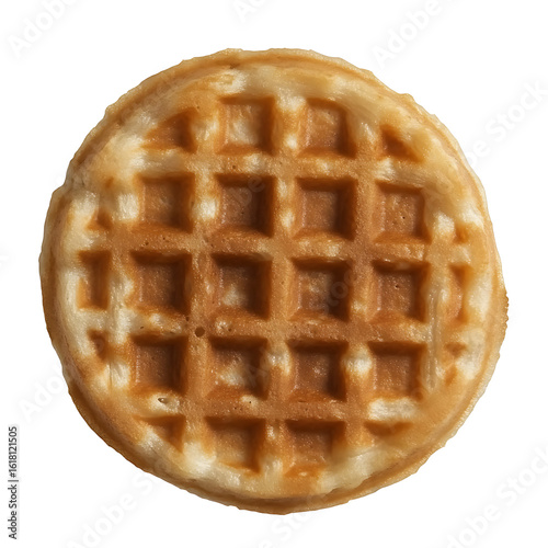 Golden-brown circular waffle with a grid pattern