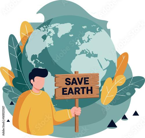 Person holding save Earth sign with green planet and leaves environmental awareness illustration 
