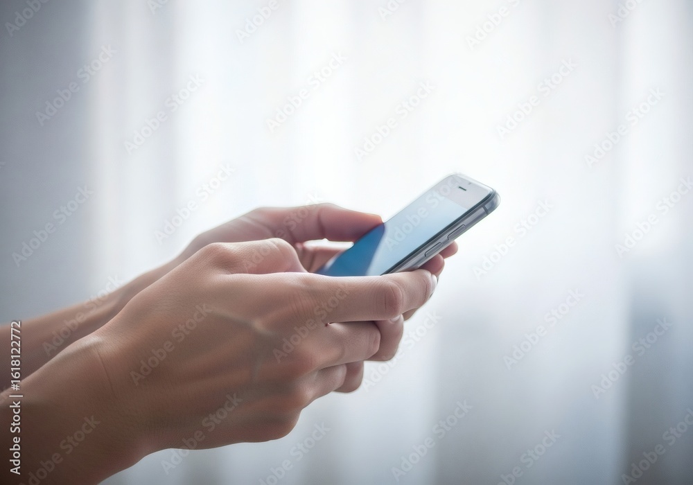 Closeup of hands holding a smartphone against a blurred light background Closeup of hands holding a smartphone against a blurred light background