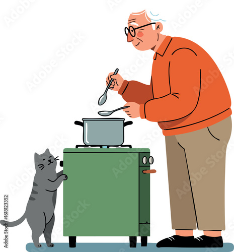 Elderly man cooking on green stove with gray cat watching kitchen scene vector illustration 