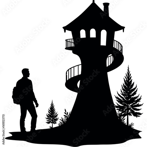 Silhouette of traveler admiring spiral tower in forest clearing, fantasy theme