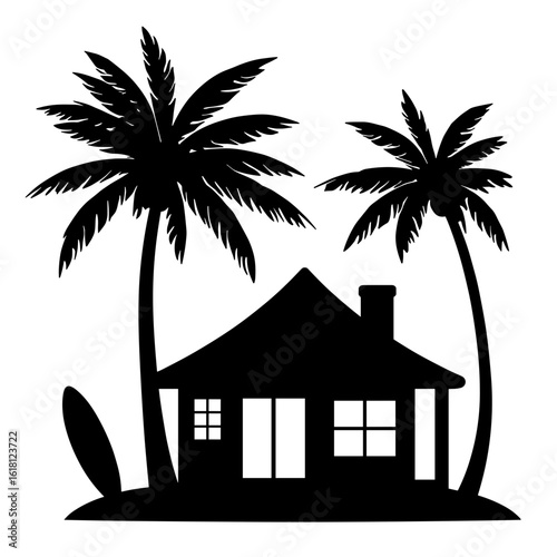 Silhouette bungalow with palm trees and surfboard – Tropical vacation vibes, beach retreat