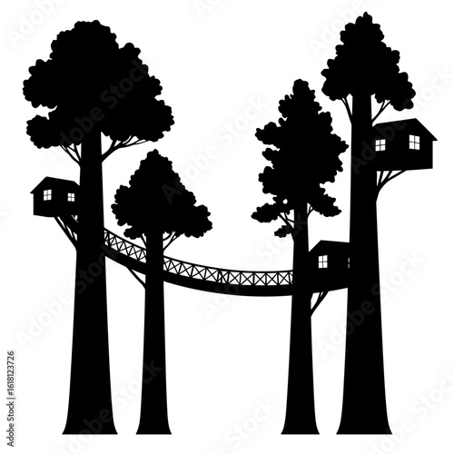 Silhouette of treetop walkway between treehouses, forest community connection