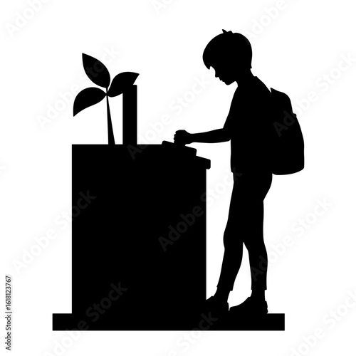 Silhouette of student using compost bin in eco station – Waste management initiative