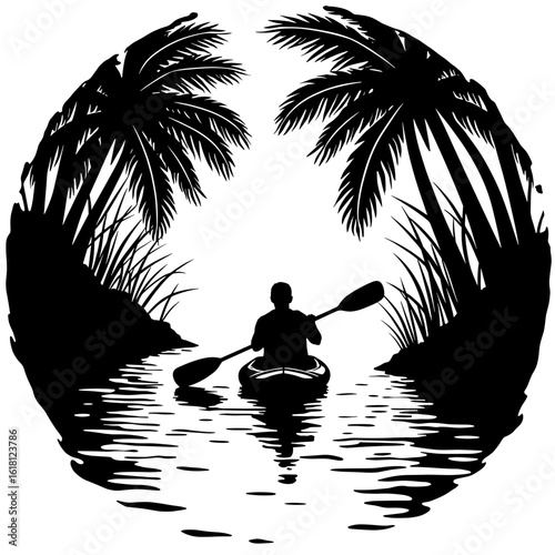 Silhouette of kayaker paddling through mangrove forest – Eco paddle adventure, coastal biodiversity