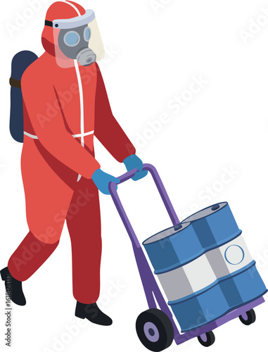 Worker in red hazmat suit transporting chemical barrels on trolley vector illustration