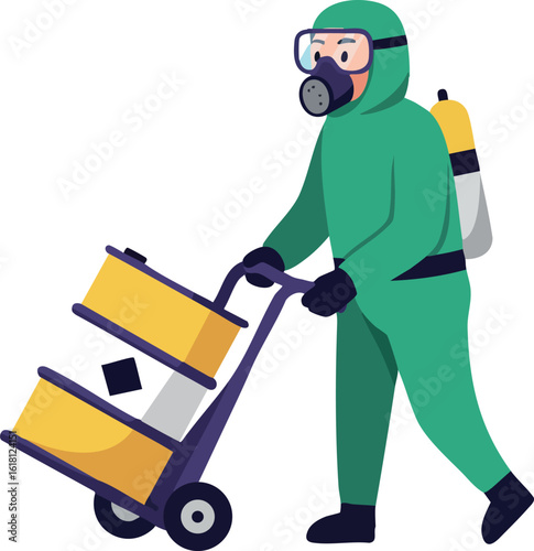 Worker in protective hazmat suit pushing chemical barrels on hand truck vector illustration 
