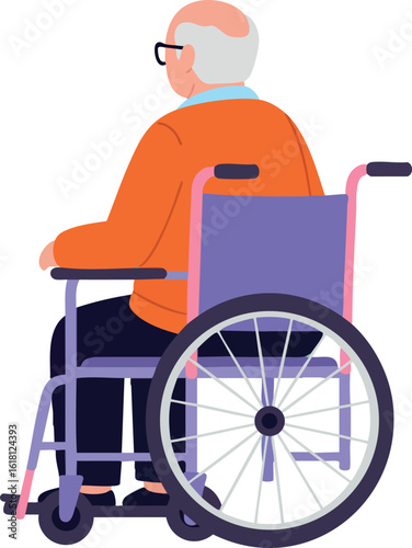 Elderly man sitting in wheelchair vector illustration with orange sweater and glasses 